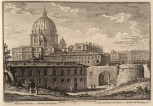 Ворота Порта Кавалледжьери. Ватиканская Базилика (1), Дворец Понтификов (2), часть Дворца Сант Официо (3), Кавалерийские Казармы (4)