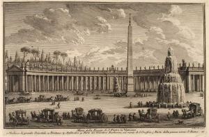Половина Площади Святого Петра в Ватикане. Гранитный обелиск (1), Фонтан (2), Амфитеатр (3), Часть садов Барберини на холме Сан Онофрио (4), часть площади у базилики Святого Петра (5)
