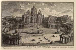 Базилика Сан Пьетро ин Ватикано. Площадь, украшенная 320 колоннами и 136 статуями из травертина (1), Дворец Понтифика (2), Дворец Аудиенций (3)