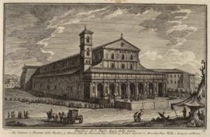Базилика Сан Паоло фуори ле Мура. Виа Остиенце (1), проспект базилики (2), мозаики папы Иоанна XII (3), портик, обновленный папой Бенедиктом XIII (4), набережная Тибра (5)